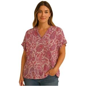 J Jill Pink Purple Paisley Print Blouse Size 3x Boho Split Neck Rayon